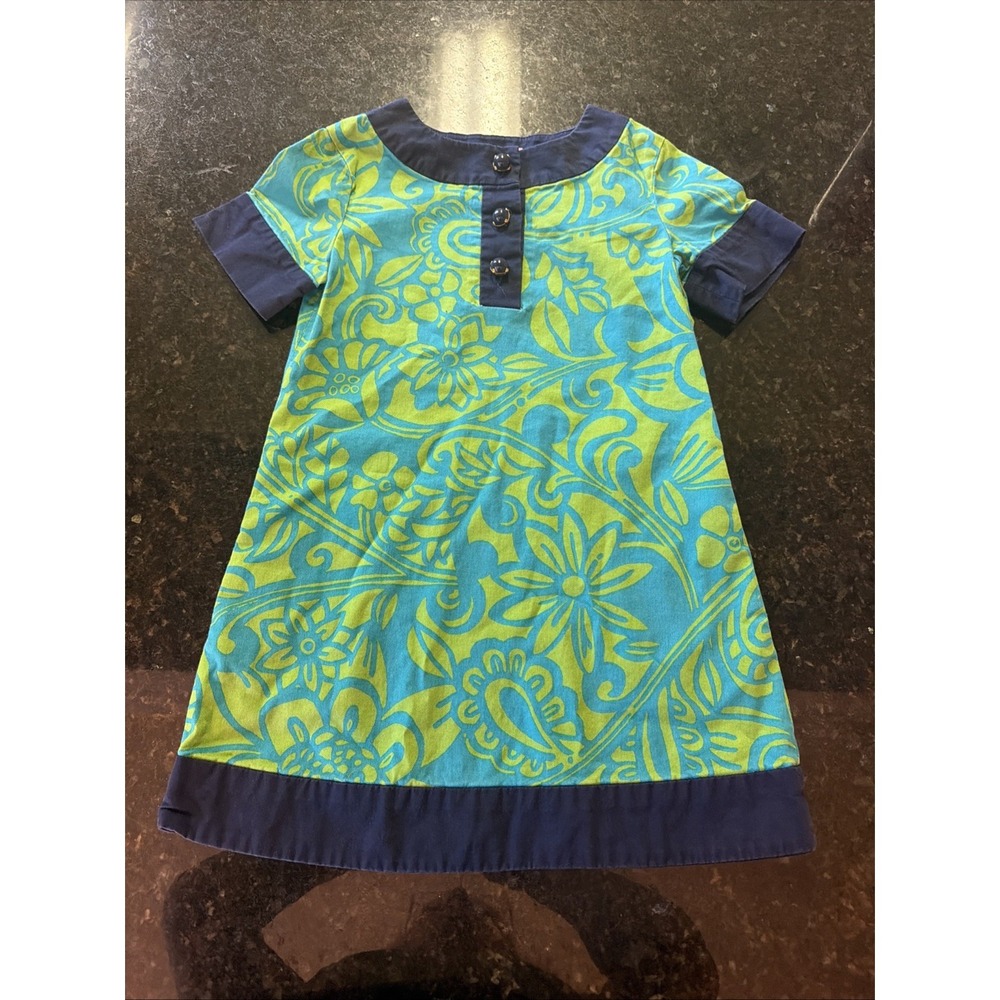 Lilly Pulitzer‎ Girls Shift Dress Sz 4 Blue Green Short Sleeve Buttons Floral